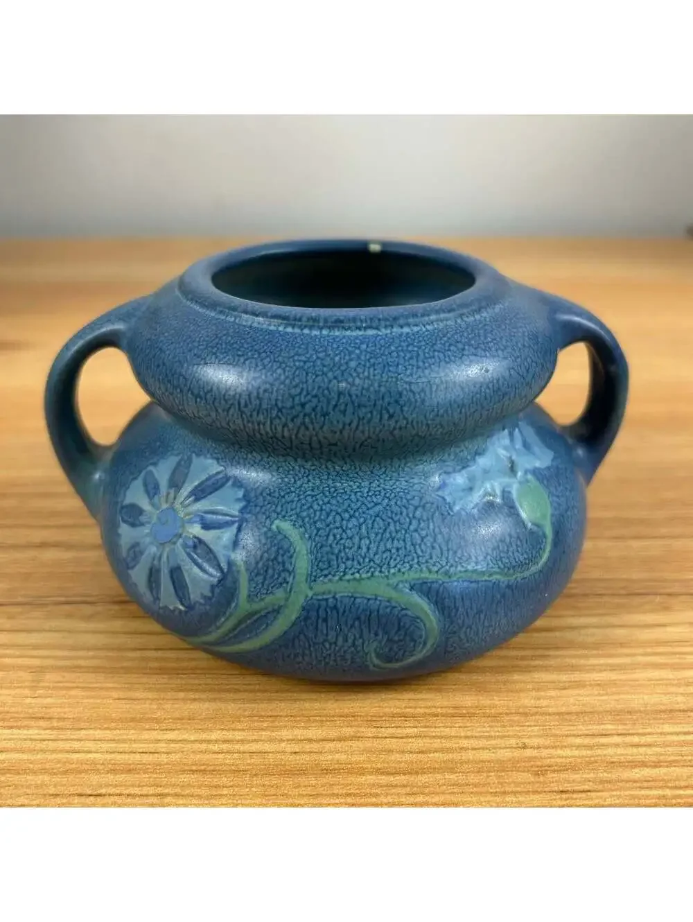 Weller Fru Russet 1900s Art Pottery Blue Mottled Glaze Floral Handled Squat Vase